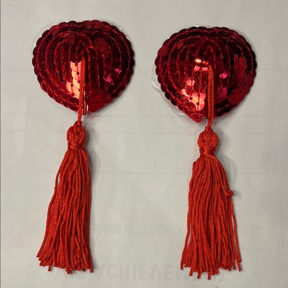 Red Sequin Heart Tassel Pasties - Picture 4 of 11